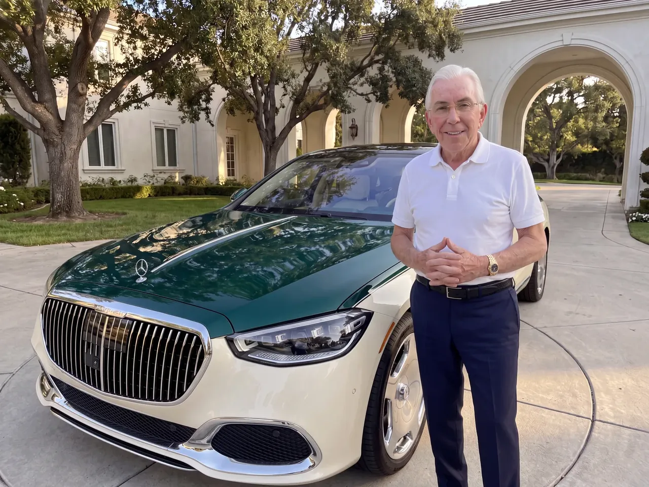 Thomas Bennett standing beside his Maybach in the drive of his home